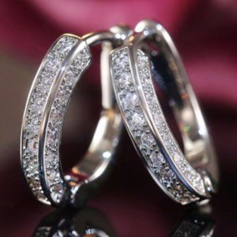 New Oval 925 Silver  Oval Diamond Hoop Earrings